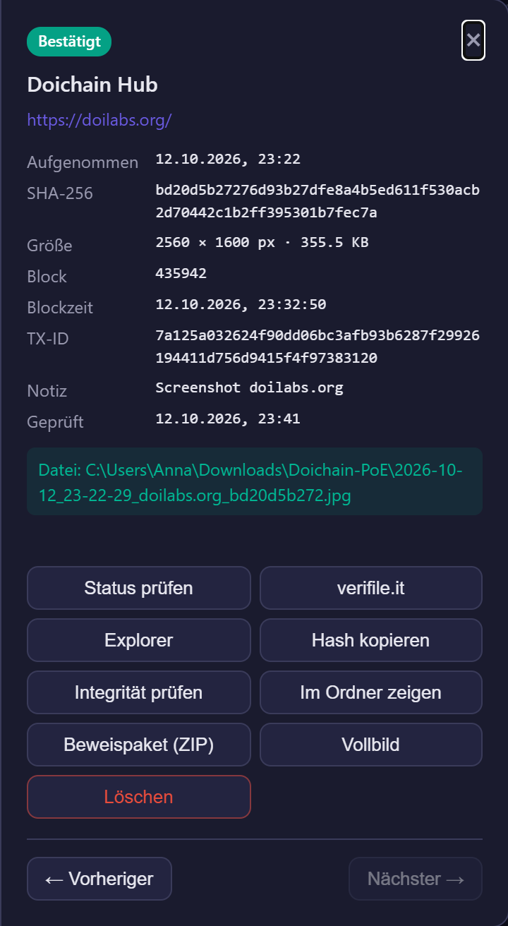 Detailansicht der Erweiterung mit bestätigtem Nachweis: Blockhöhe, Blockzeit, Transaktion, Notiz und Dateipfad